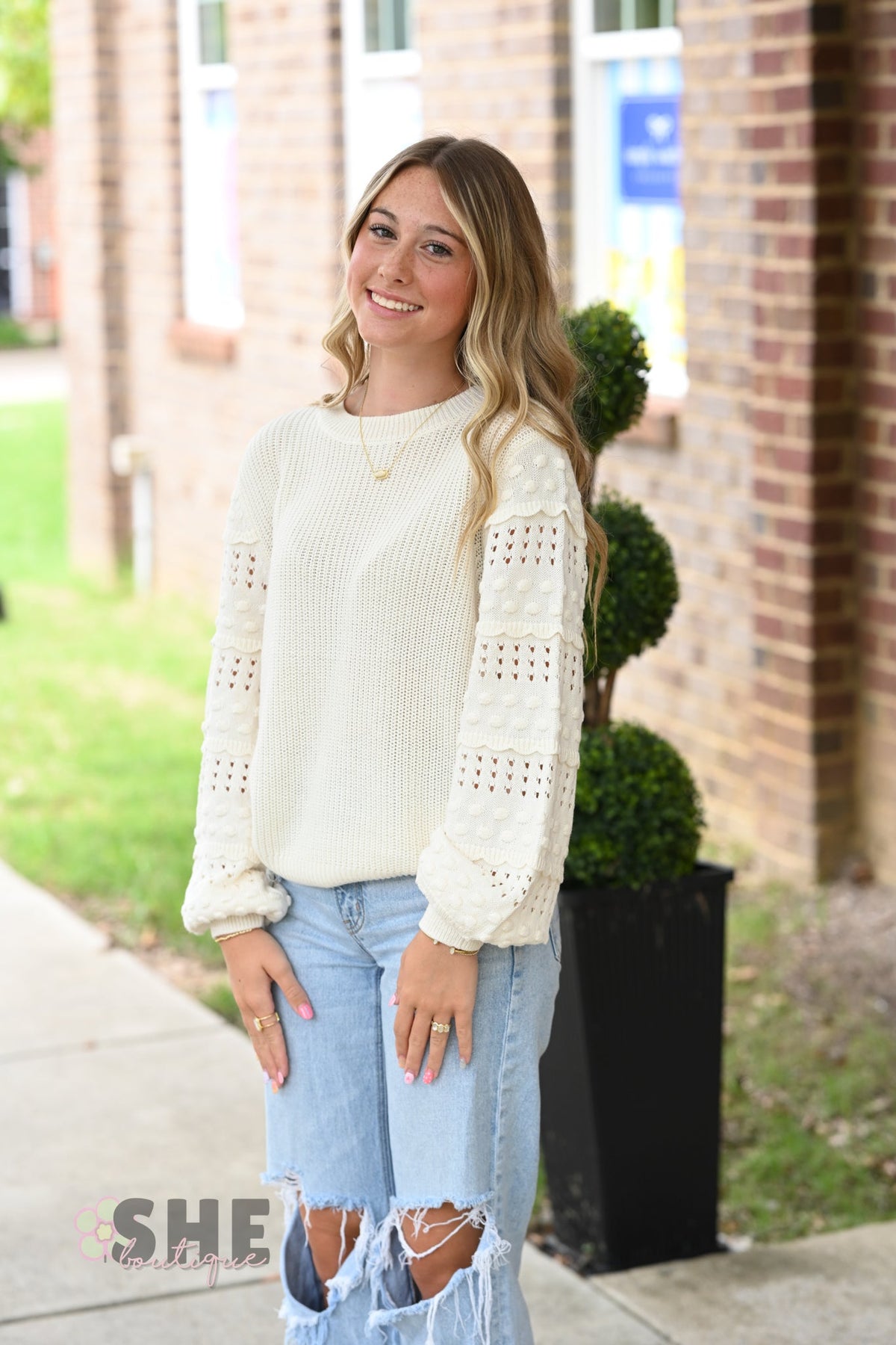 Cream Pom Sleeve Sweater - She Chester
