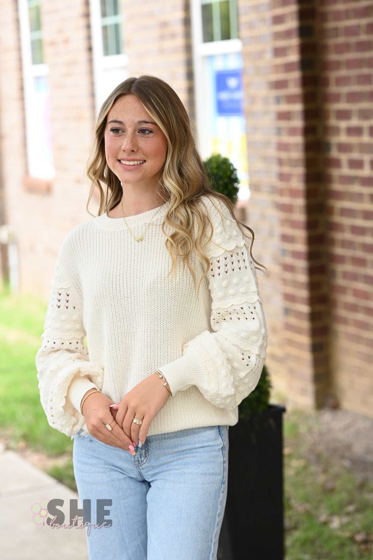 Cream Pom Sleeve Sweater - She Chester