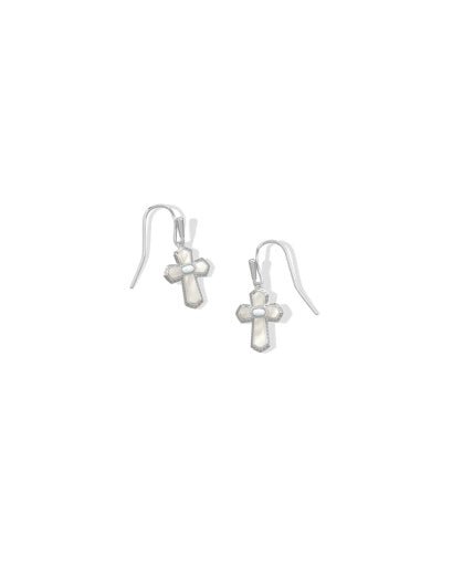 Cross Medallion Drop Earrings - Silver Ivory Mother Of Pearl - She Chester
