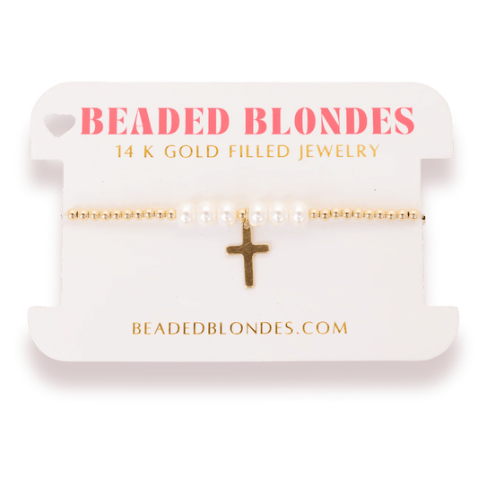 Cross Pearl Gold Charm Bracelet Standard Size - She Chester