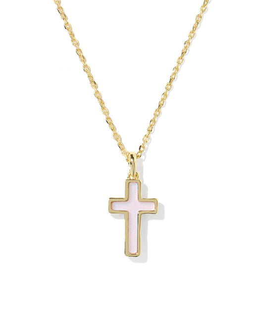 CROSS PENDANT NECKLACE GOLD MATTE BLUSH PINK DICHROIC GLASS - She Chester