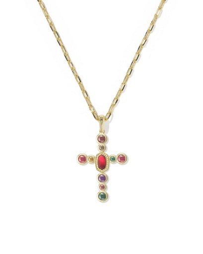 Cross Tennis Short Pendant Necklace - Gold Dark Multi Mix - She Chester