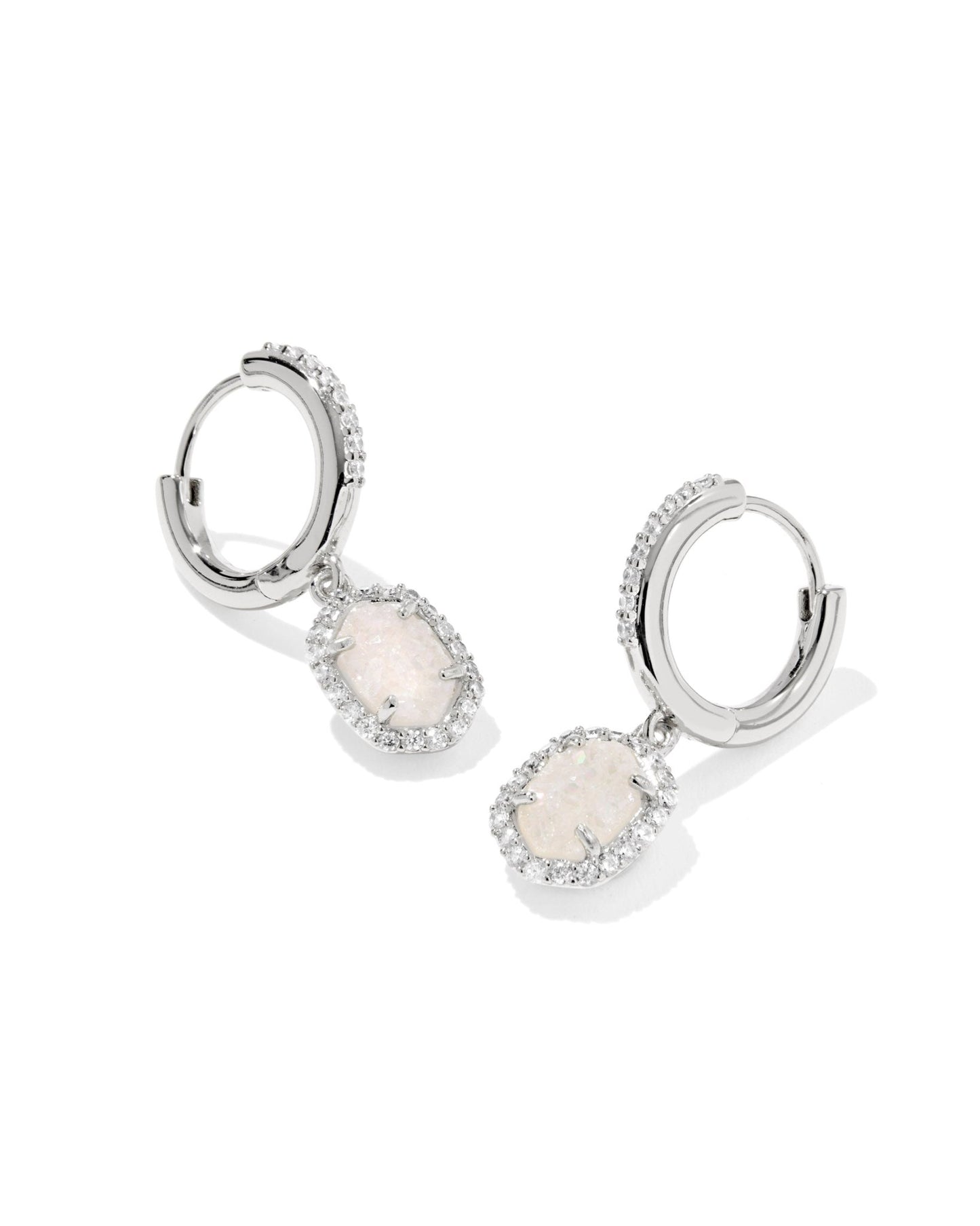 DAPHNE CRYSTAL FRAME HUGGIE EARRINGS SILVER IRIDESCENT DRUSY - She Chester