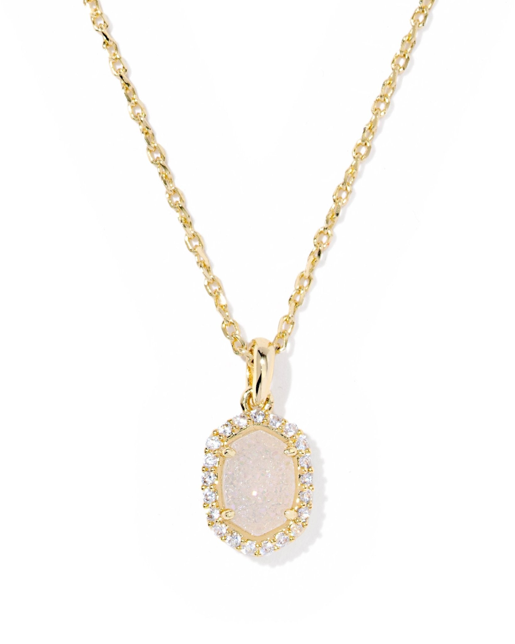 DAPHNE CRYSTAL FRAME SHORT PENDANT NECKLACE GOLD IRIDESCENT DRUSY - She Chester
