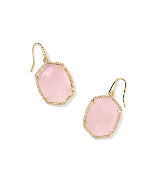 DAPHNE PAVE FRAME DROP EARRINGS GOLD ROSE QUARTZ - She Chester