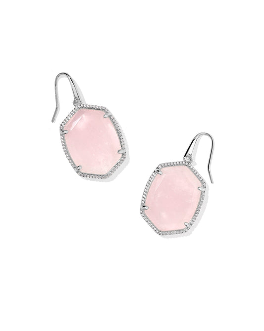 DAPHNE PAVE FRAME DROP EARRINGS SILVER ROSE QUARTZ - She Chester