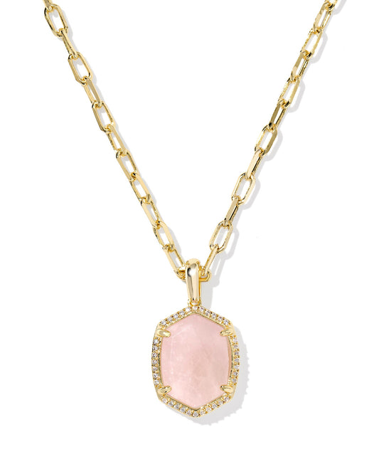 DAPHNE PAVE FRAME SHORT PENDANT NECKLACE GOLD ROSE QUARTZ - She Chester