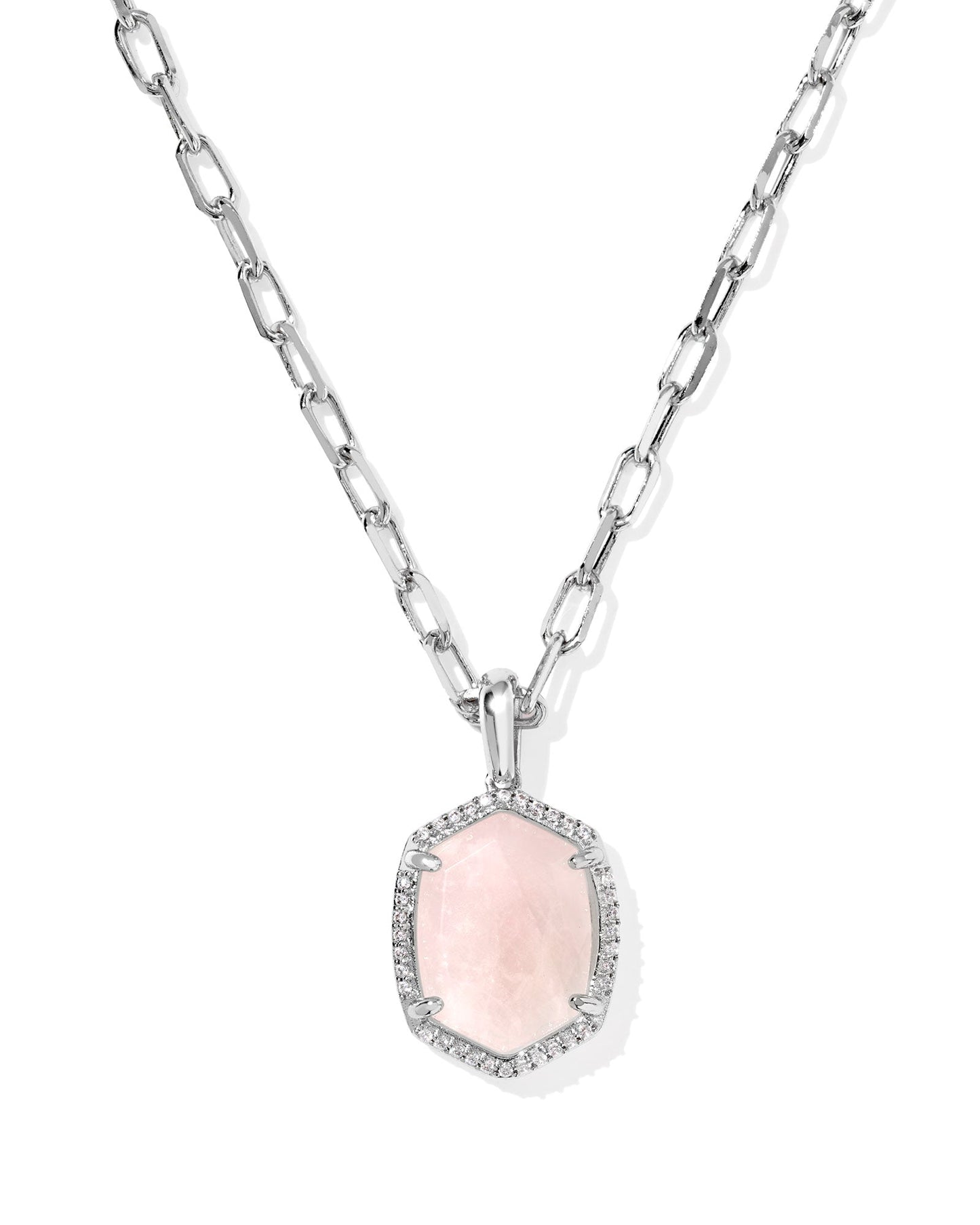 DAPHNE PAVE FRAME SHORT PENDANT NECKLACE SILVER ROSE QUARTZ - She Chester