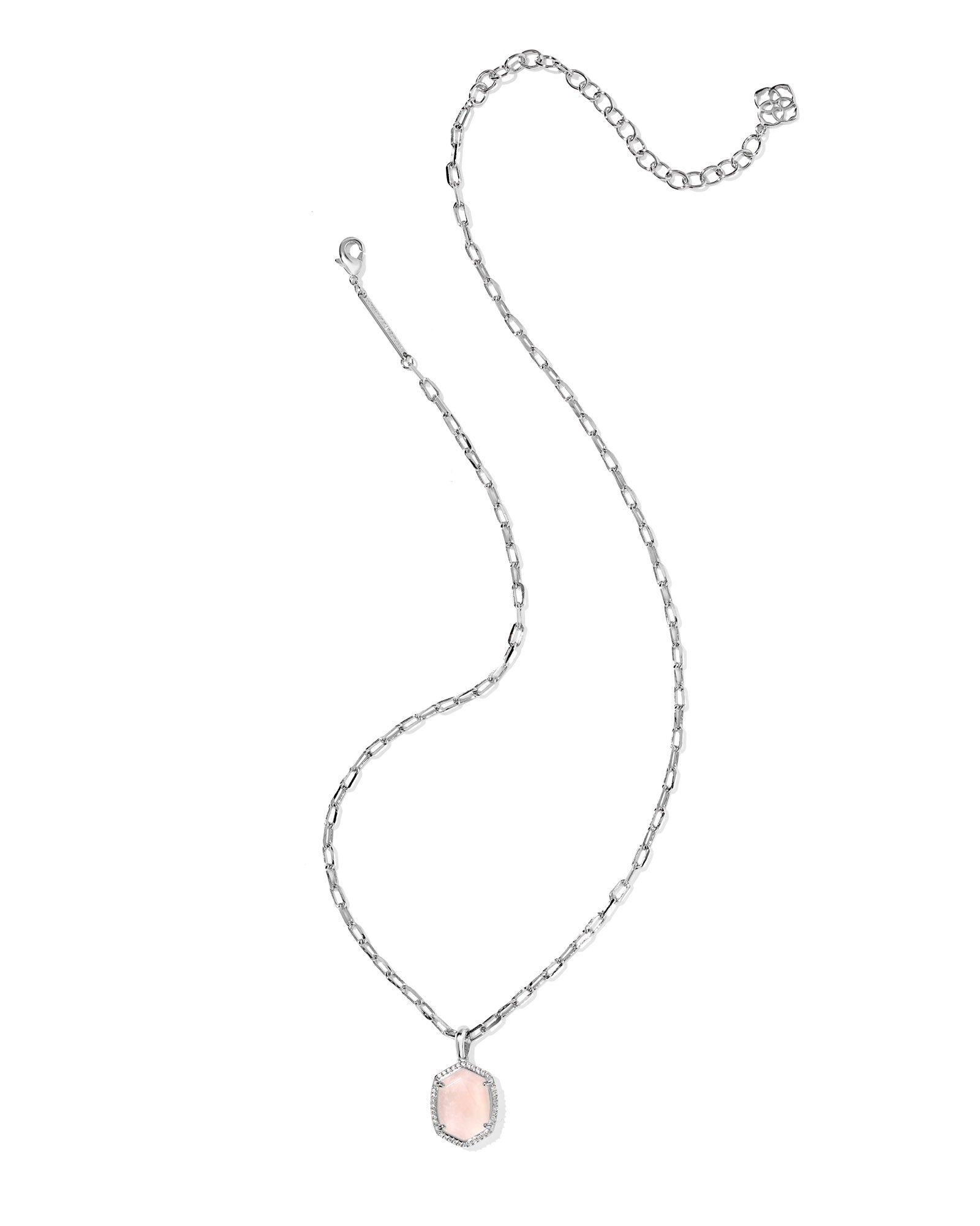 DAPHNE PAVE FRAME SHORT PENDANT NECKLACE SILVER ROSE QUARTZ - She Chester