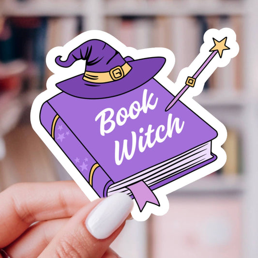Book Witch Sticker – Halloween Bookish, Glossy Vinyl : 2.5"