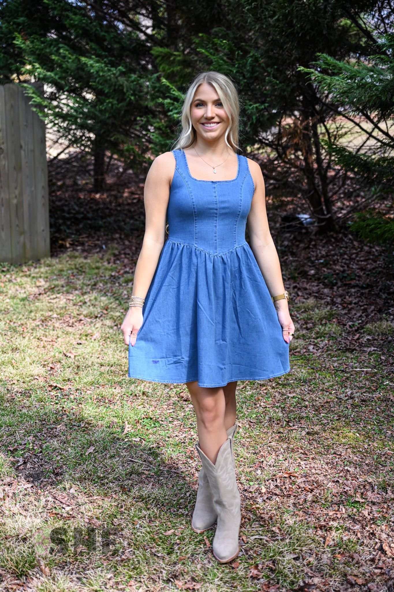 Denim Bow Back Dress - She Chester