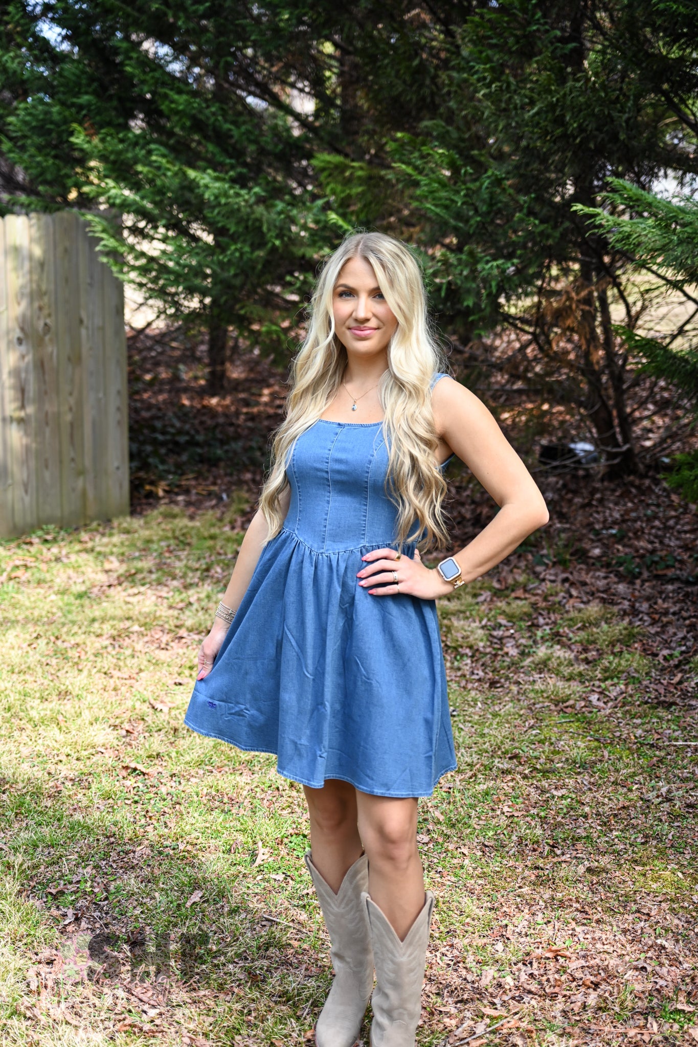 Denim Bow Back Dress - She Chester