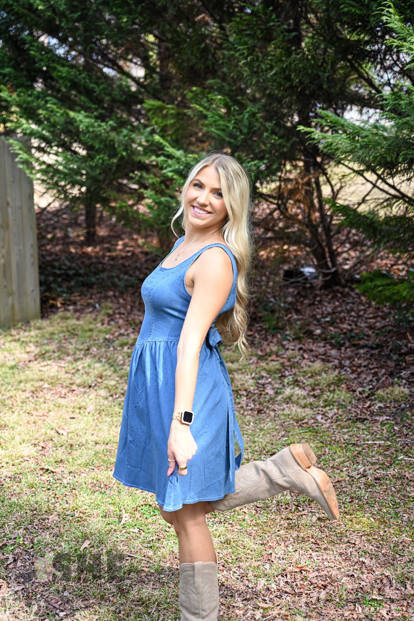 Denim Bow Back Dress - She Chester