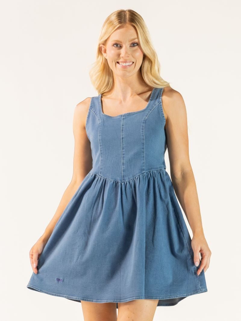 Denim Bow Back Dress - She Chester