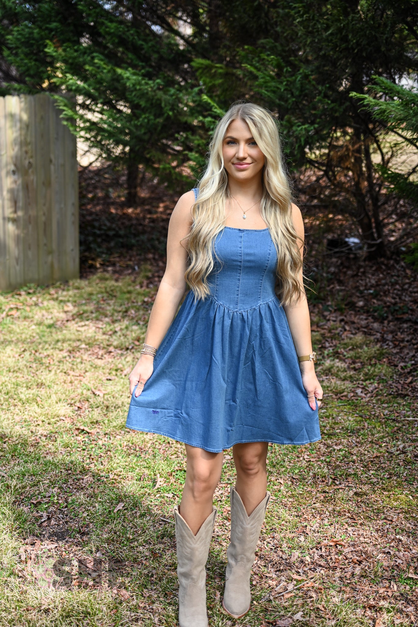 Denim Bow Back Dress - She Chester
