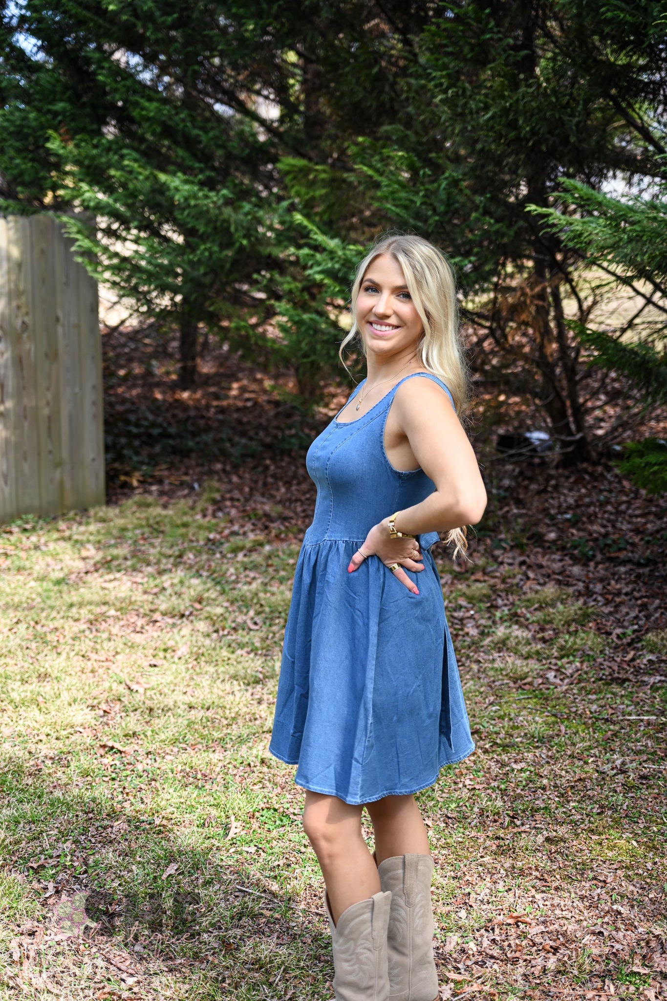 Denim Bow Back Dress - She Chester
