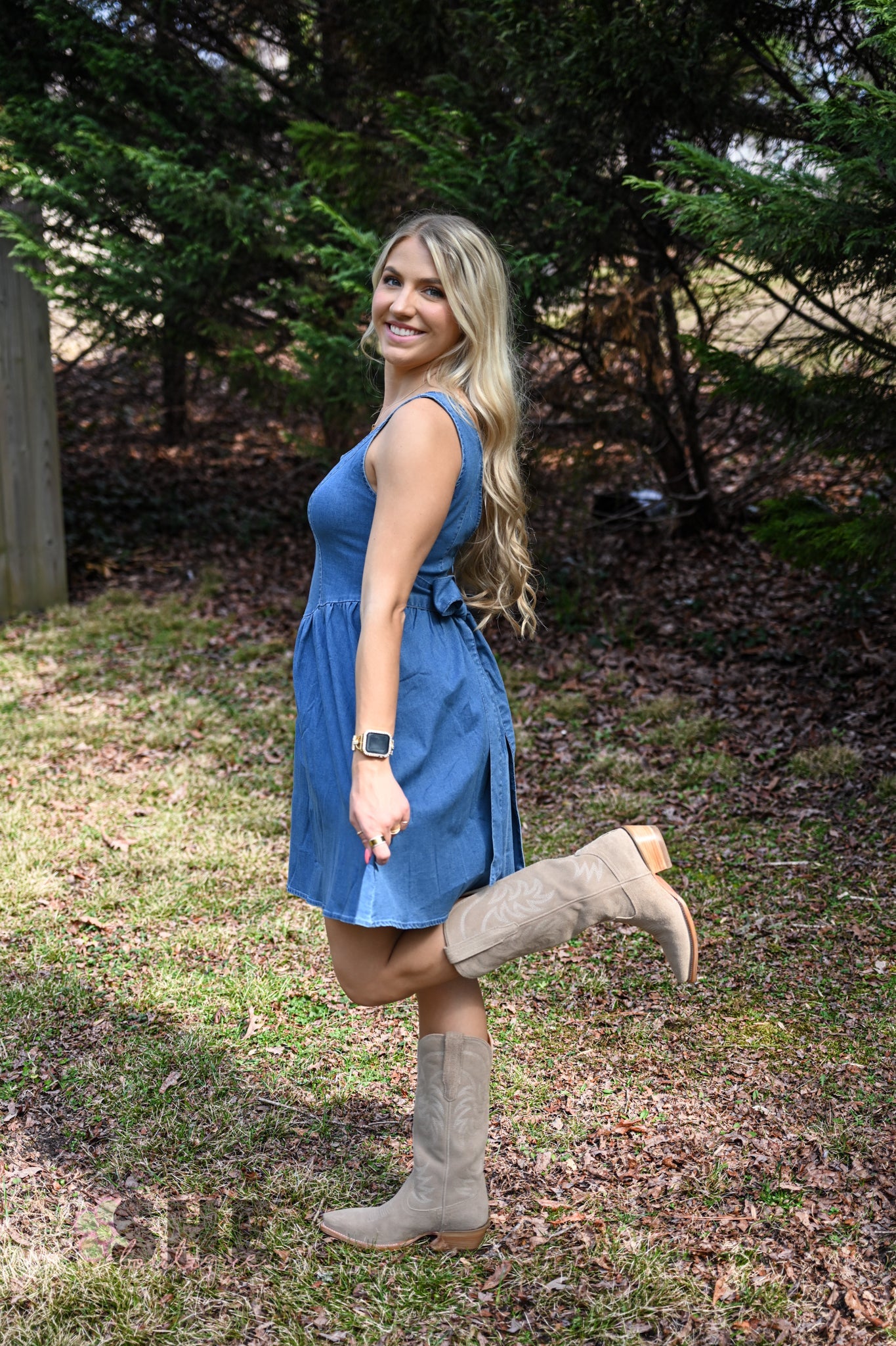 Denim Bow Back Dress - She Chester
