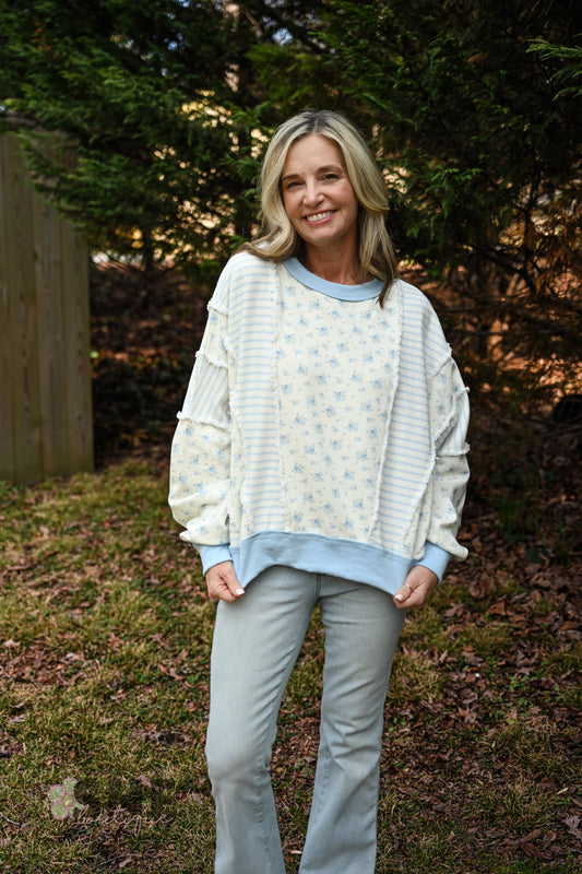 Ditsy Blue Flower Stripe Pullover - She Chester