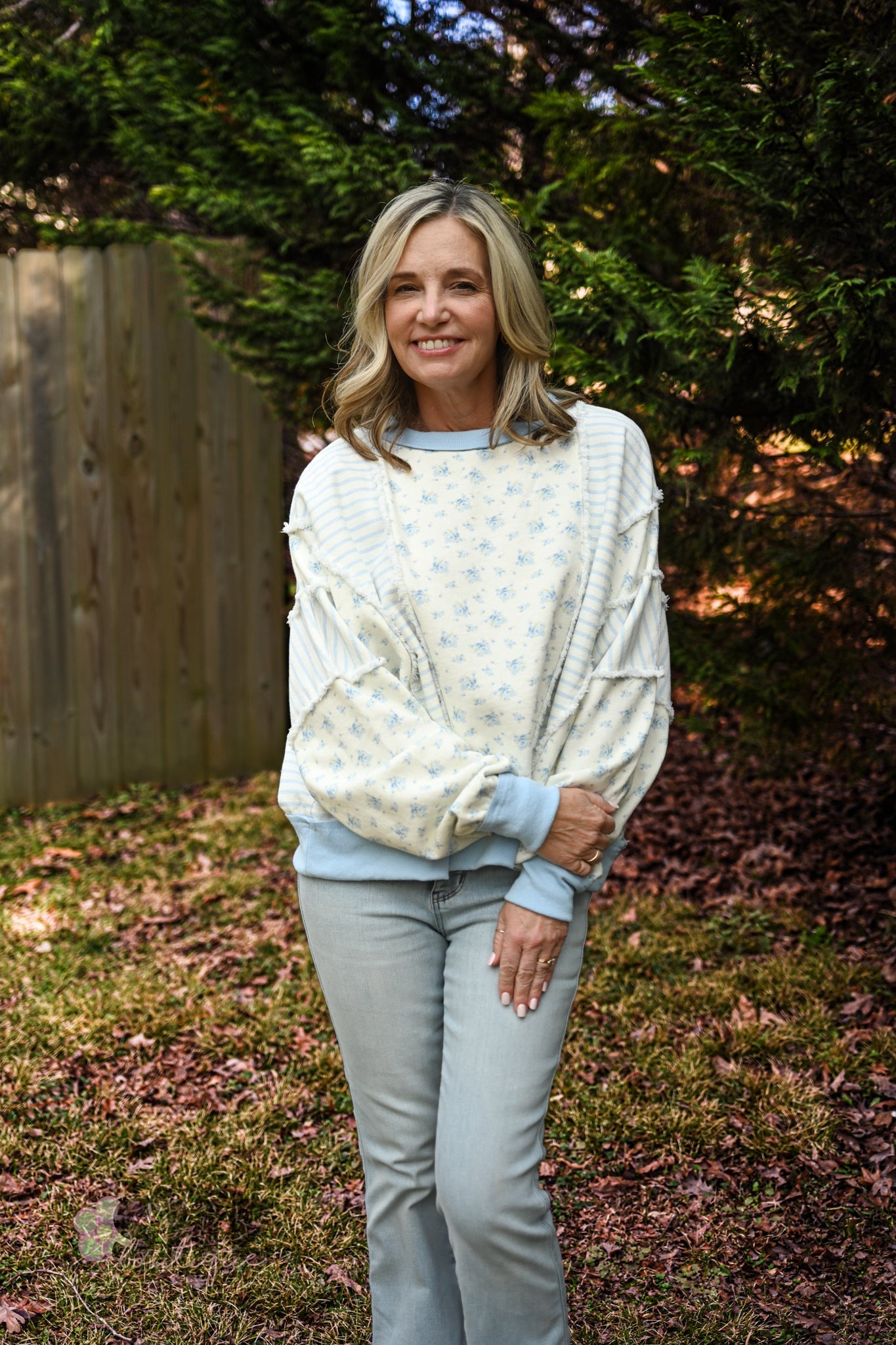 Ditsy Blue Flower Stripe Pullover - She Chester