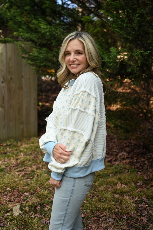 Ditsy Blue Flower Stripe Pullover - She Chester