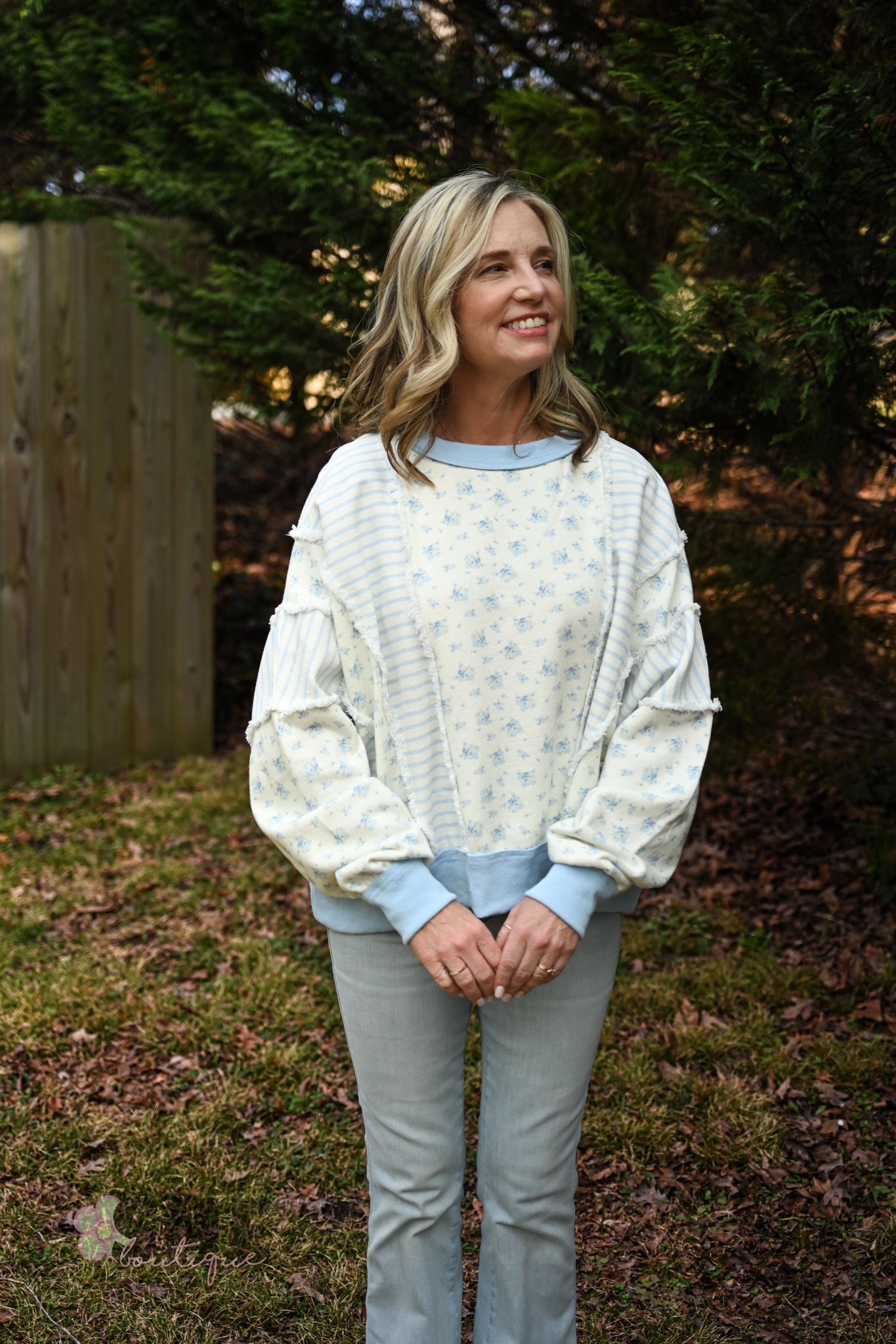 Ditsy Blue Flower Stripe Pullover - She Chester