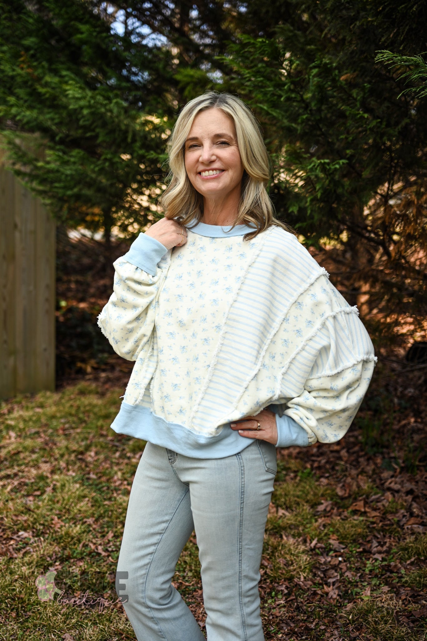 Ditsy Blue Flower Stripe Pullover - She Chester