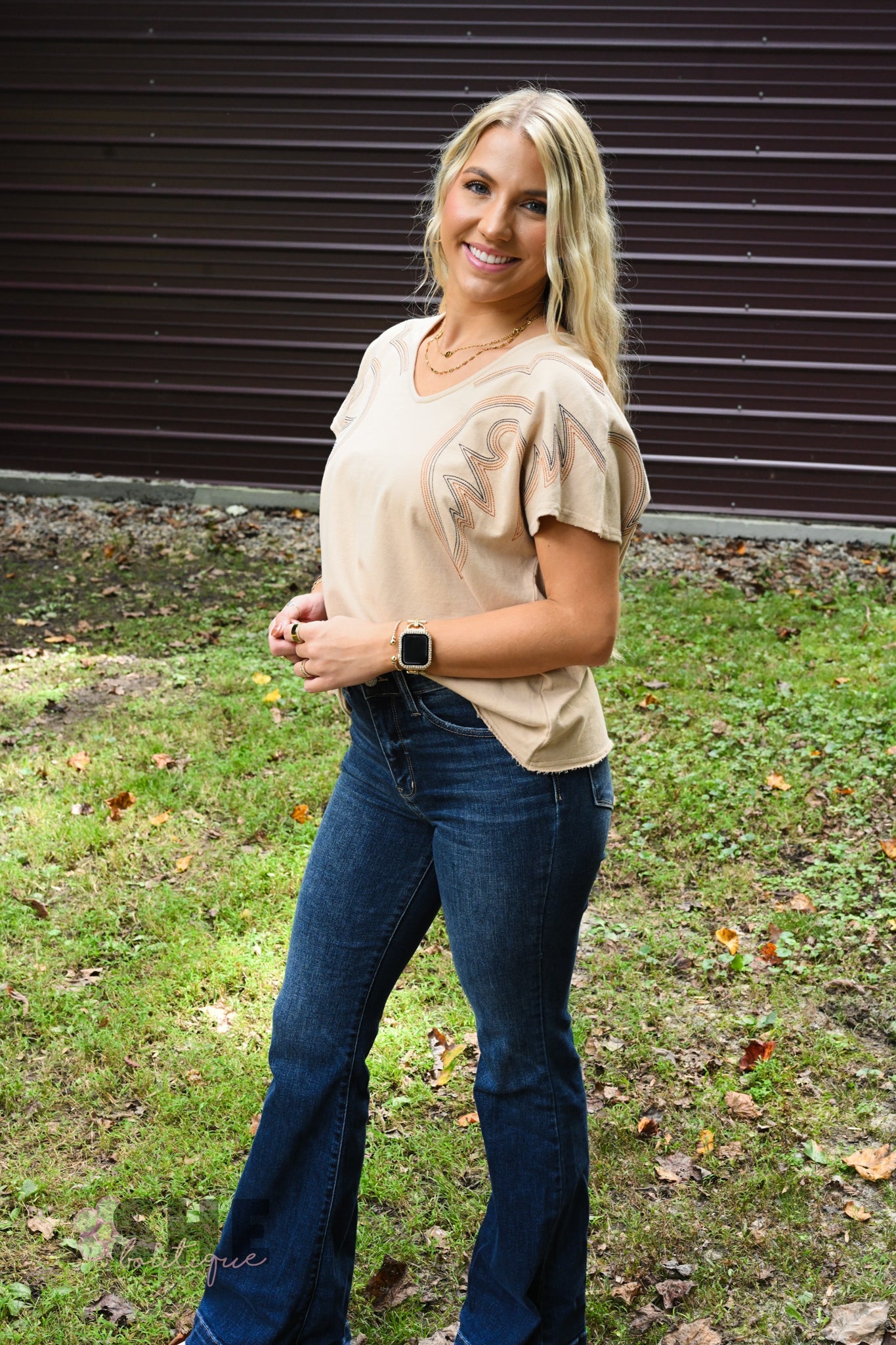 Dolmen Boot Stitch V Neck Tee - She Chester