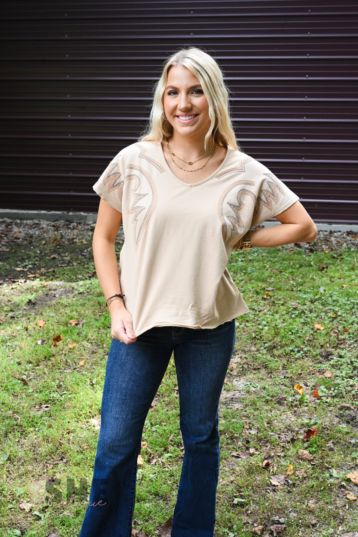 Dolmen Boot Stitch V Neck Tee - She Chester