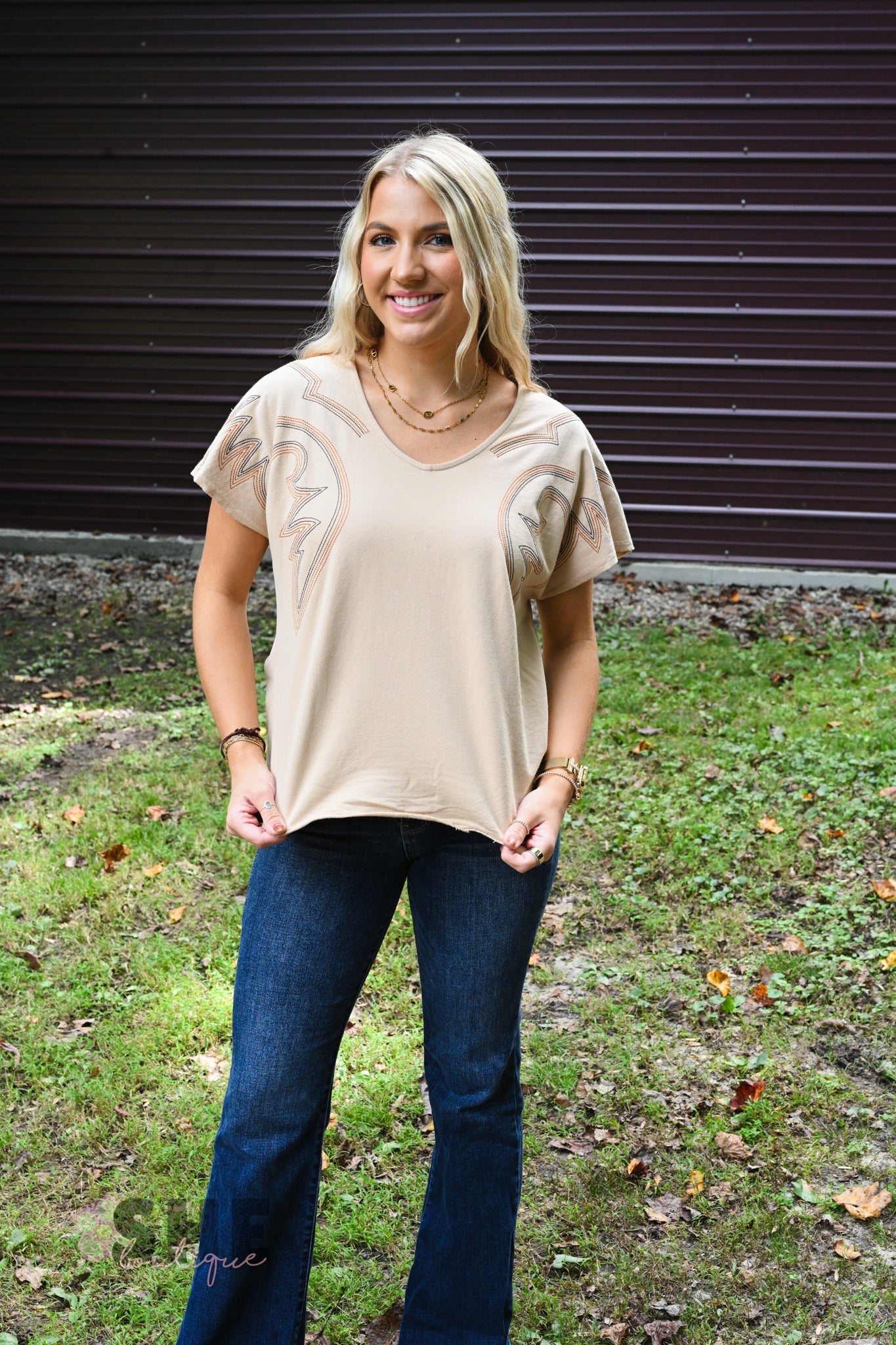 Dolmen Boot Stitch V Neck Tee - She Chester