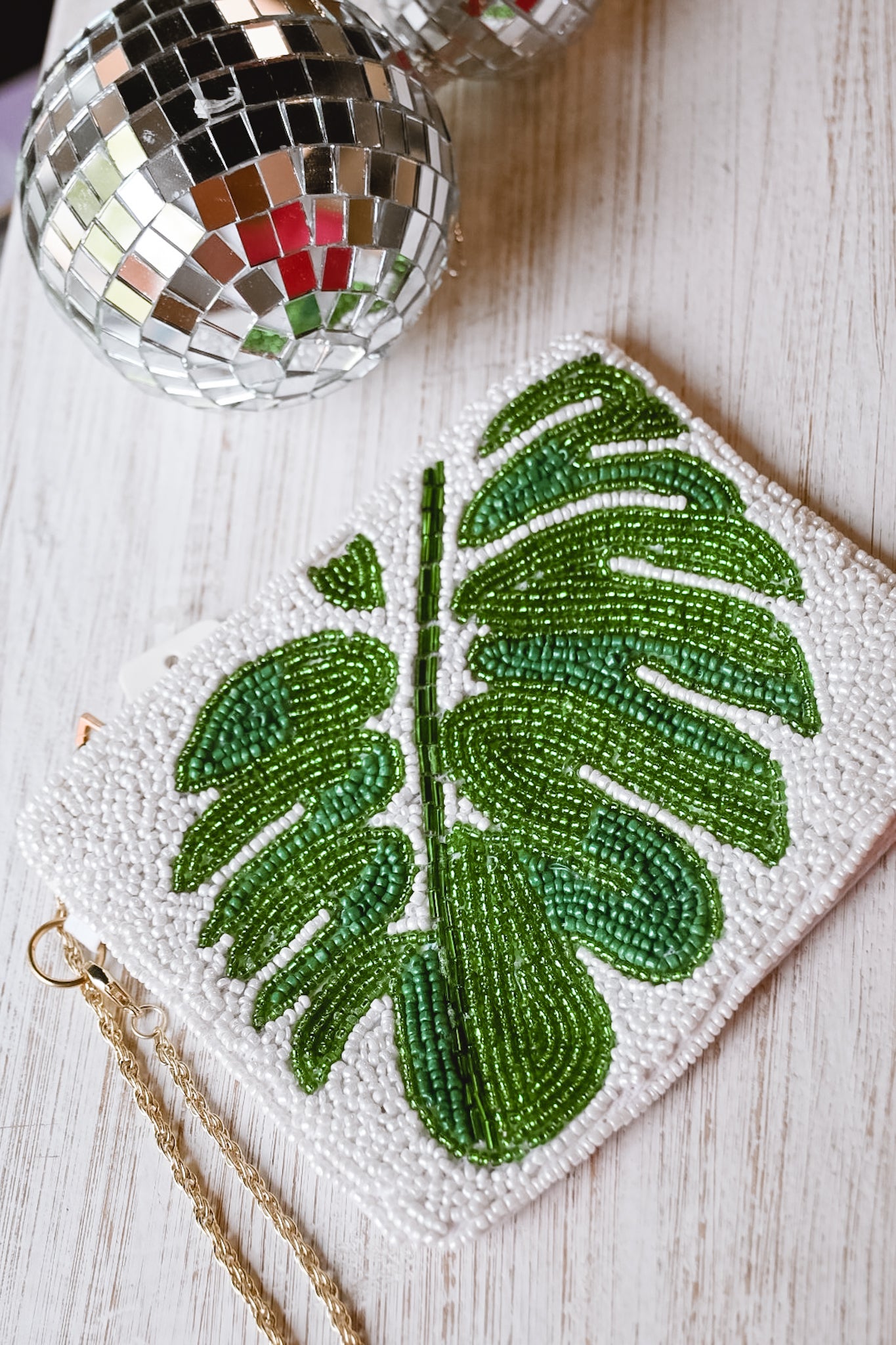 Palm Leaves White Beaded Pouch With Chain