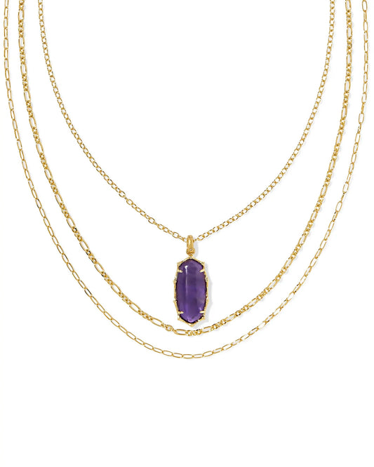 ELLE BAMBOO FRAME TRIPLE STRAND NECKLACE GOLD DARK PURPLE AMETHYST - She Chester