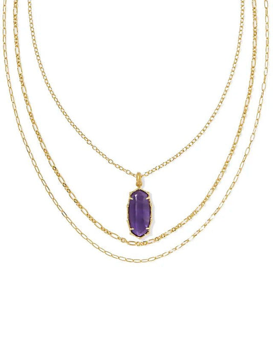 ELLE BAMBOO FRAME TRIPLE STRAND NECKLACE GOLD DARK PURPLE AMETHYST - She Chester