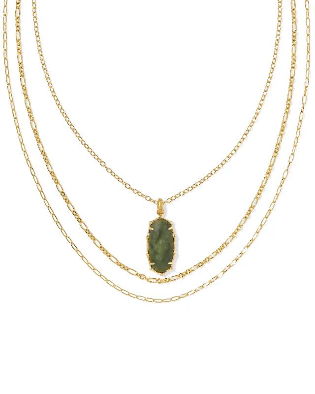 ELLE BAMBOO FRAME TRIPLE STRAND NECKLACE GOLD SAGE SERPENTINE - She Chester