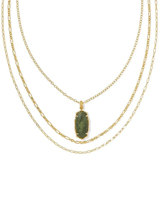 ELLE BAMBOO FRAME TRIPLE STRAND NECKLACE GOLD SAGE SERPENTINE - She Chester