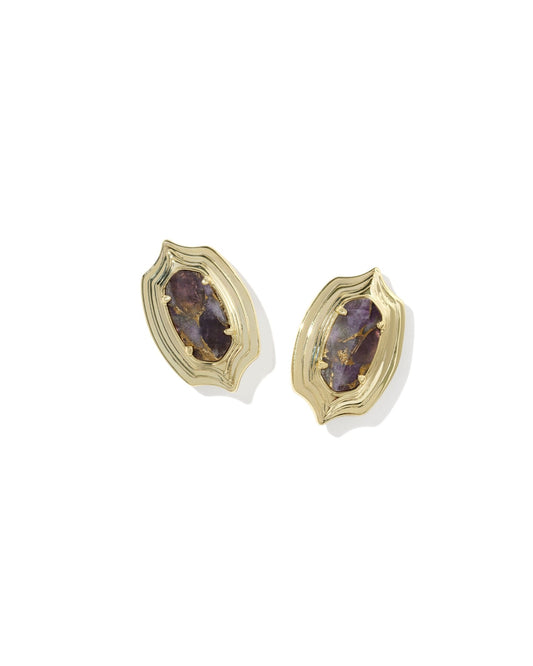 ELLIE STEPPED FRAME STUD EARRINGS - GOLD BRONZE VEINED PURPLE AMETHYST - She Chester