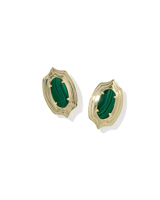 ELLIE STEPPED FRAME STUD EARRINGS - GOLD GREEN MALACHITE - She Chester