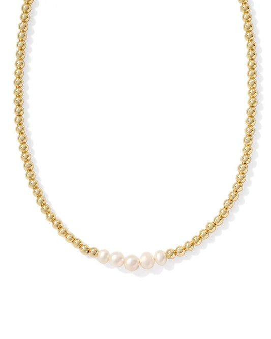 Eve Beaded Strand Necklace Gold White Pearl - She Chester