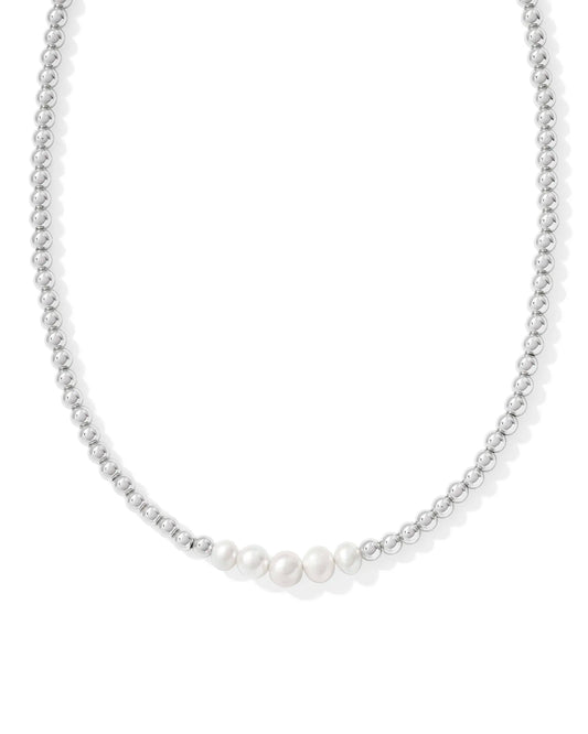 Eve Beaded Strand Necklace Rhodium White Pearl - She Chester