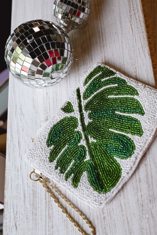 Palm Leaves White Beaded Pouch With Chain