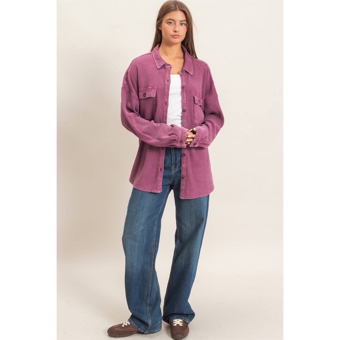 Mineral Wash Waffle Knit Button-Up Shacket: DARK CHERRY
