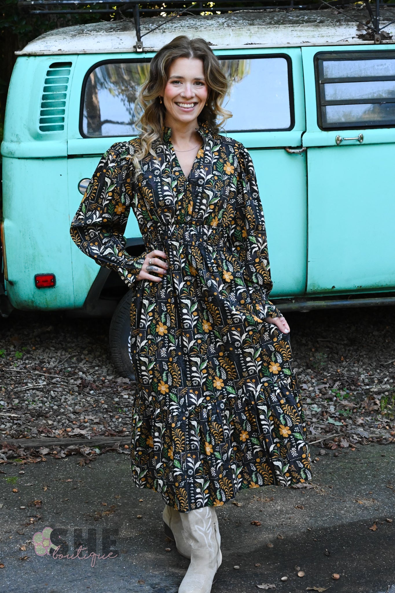 Fields of Fall Black Dress - She Chester