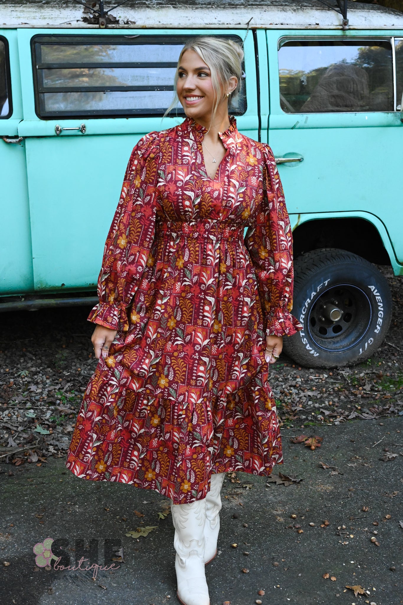 Fields of Fall Maroon Dress - She Chester