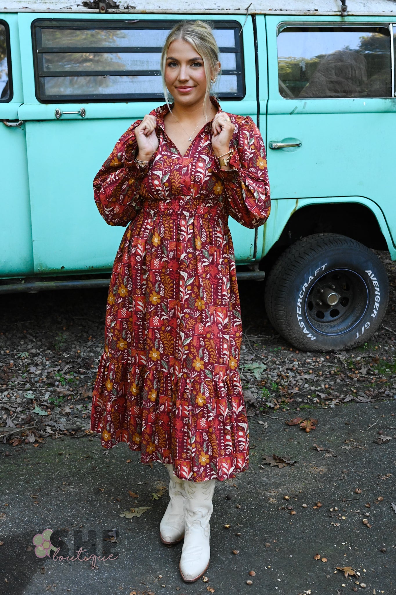 Fields of Fall Maroon Dress - She Chester