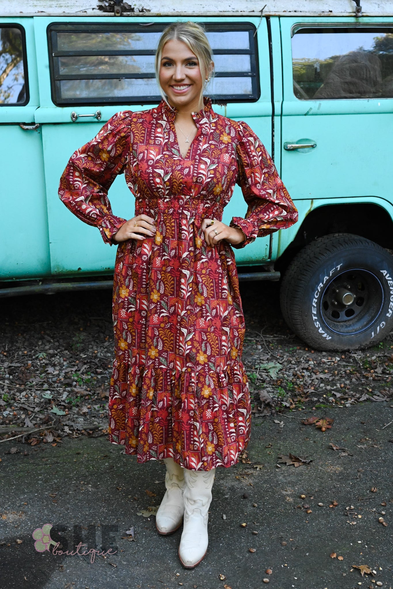 Fields of Fall Maroon Dress - She Chester