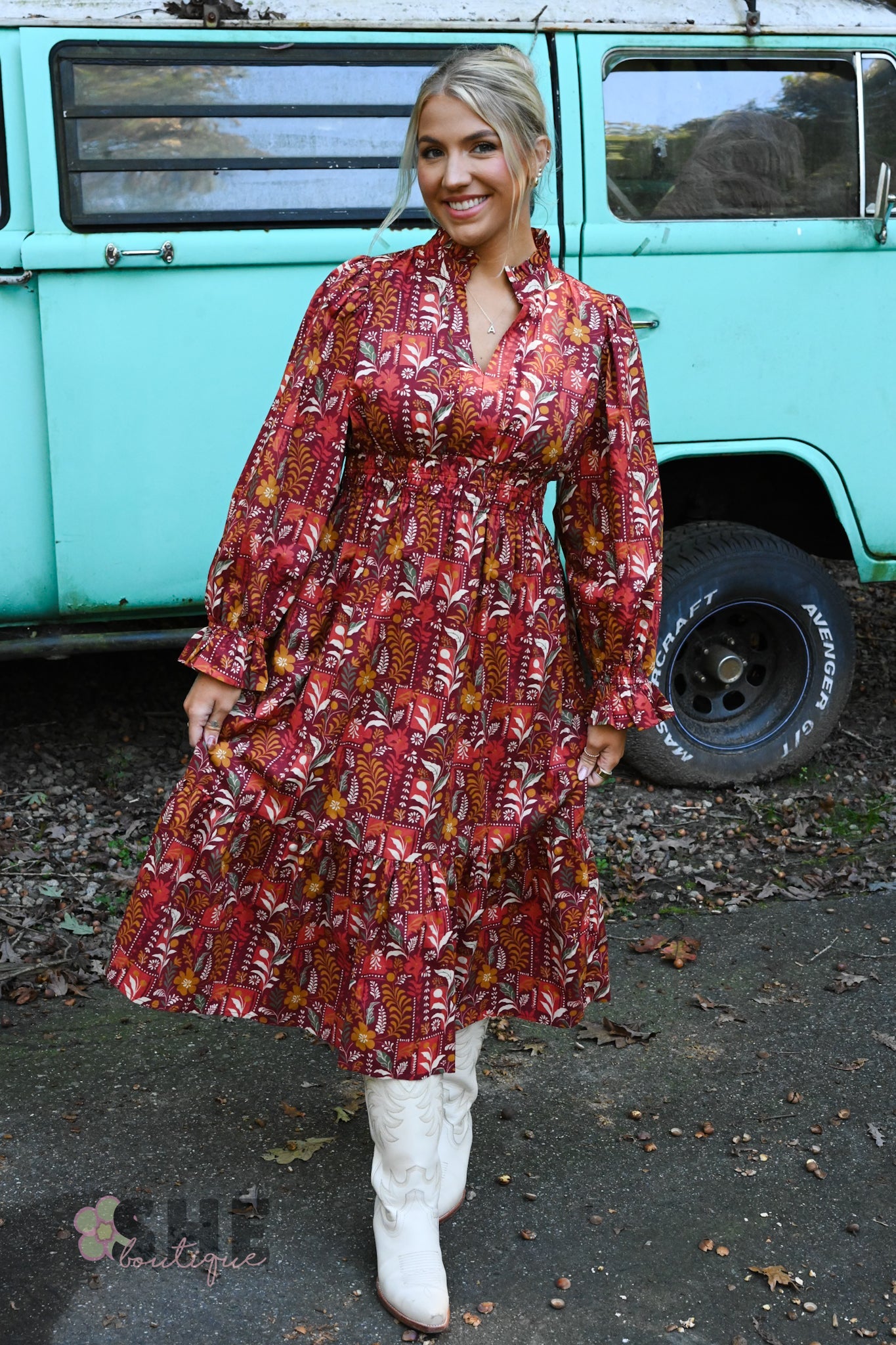 Fields of Fall Maroon Dress - She Chester