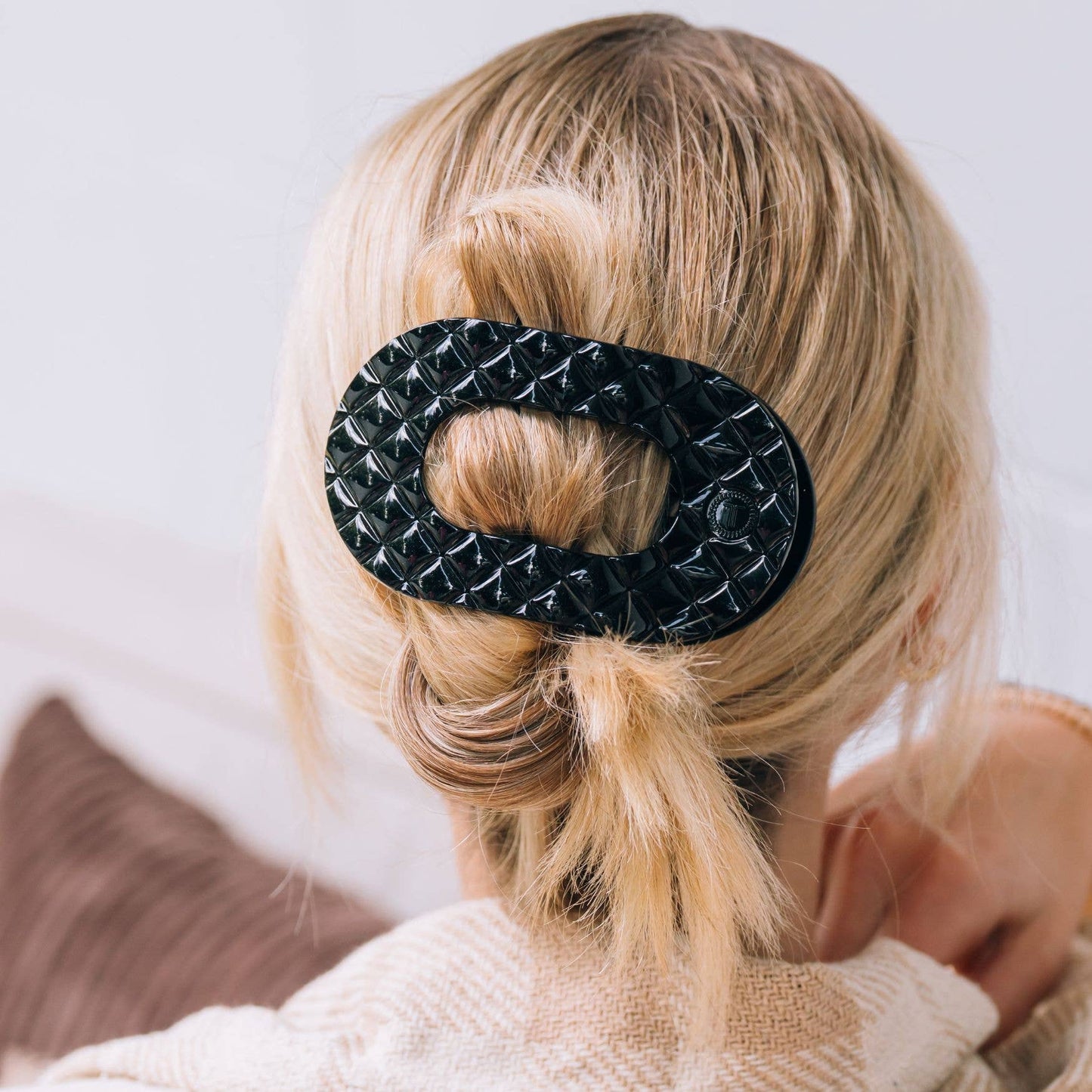 Flat Round Hair Clip | Large | Jet Black Quilted - She Chester