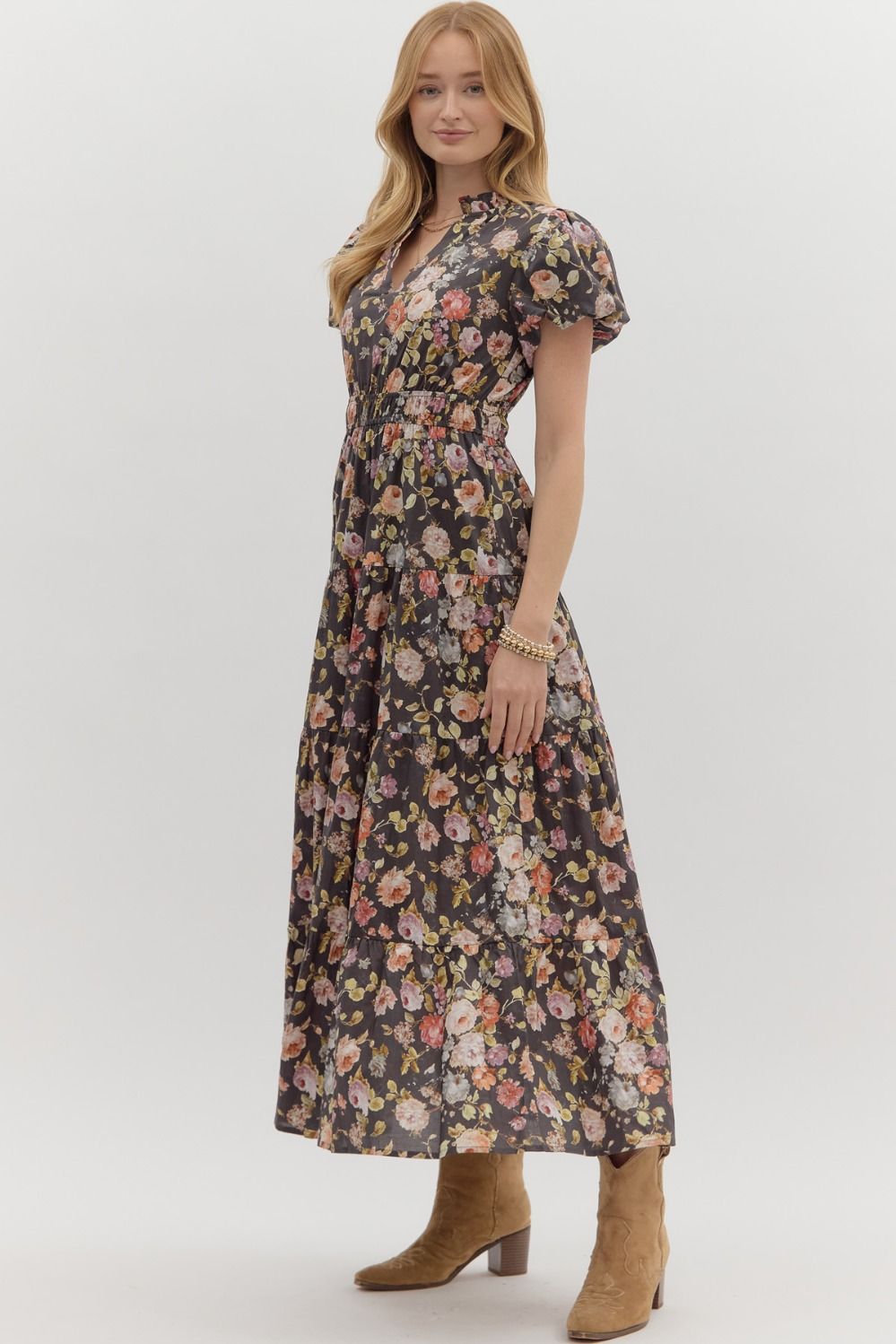 Floral Chocolate Tiered Maxi Dress - She Chester