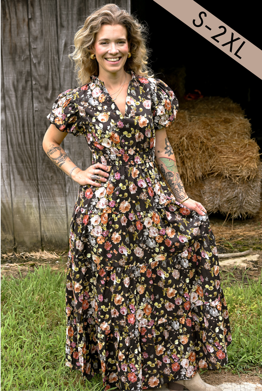 Floral Chocolate Tiered Maxi Dress - She Chester