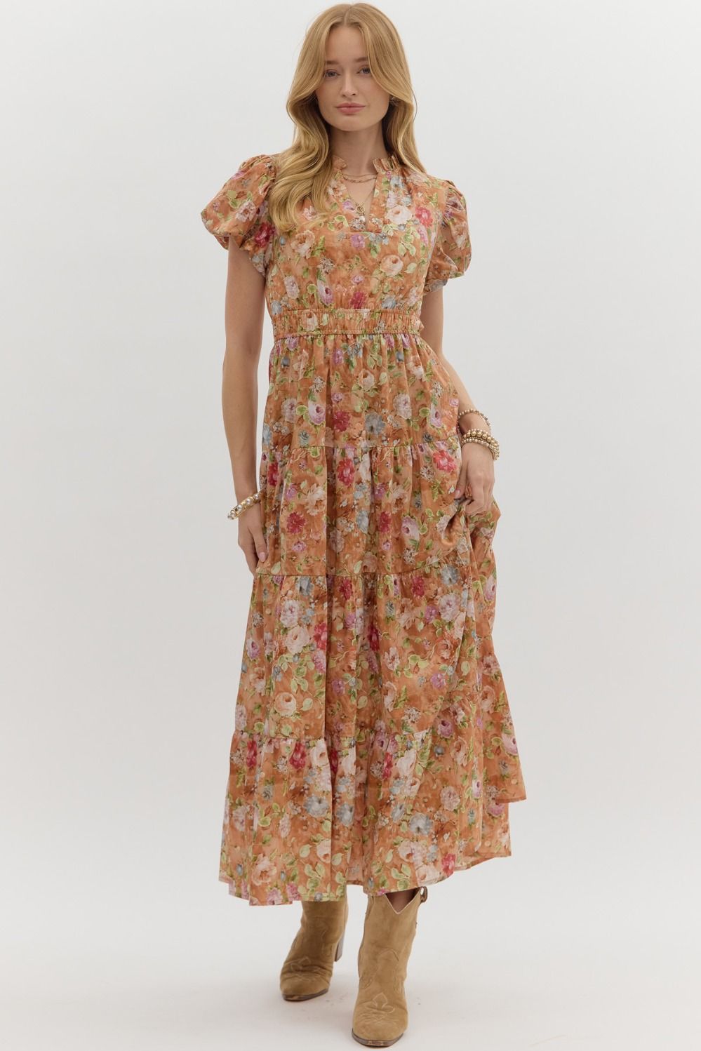 Floral Terra Cotta Tiered Maxi Dress - She Chester