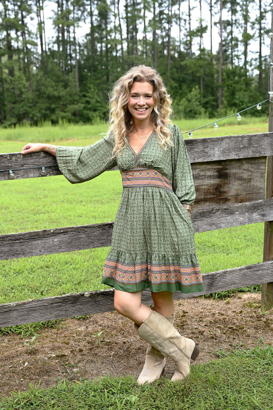 Gaia Green Printed Mini Dress - She Chester